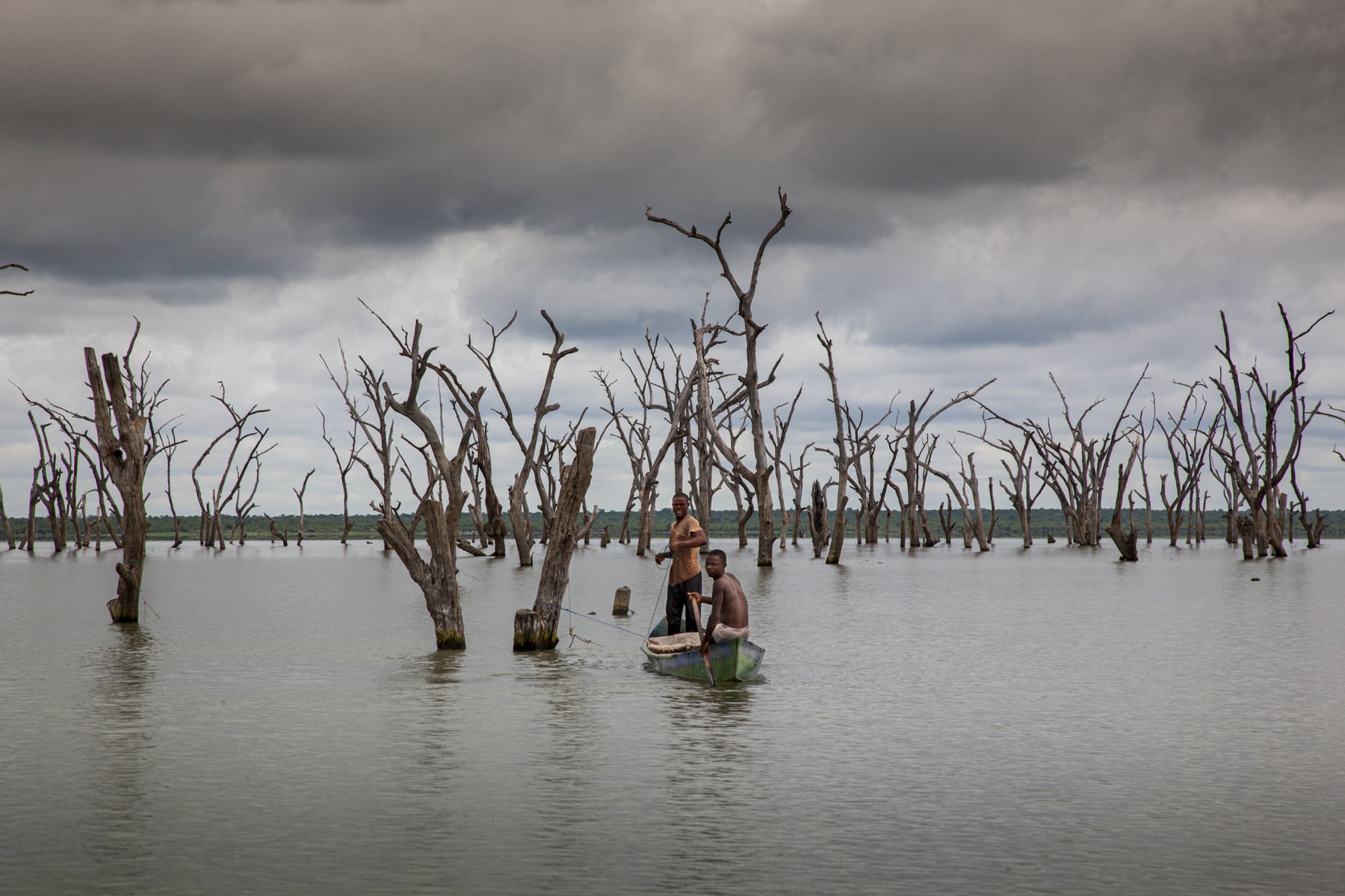 Two men boating amongst trees in Ghana