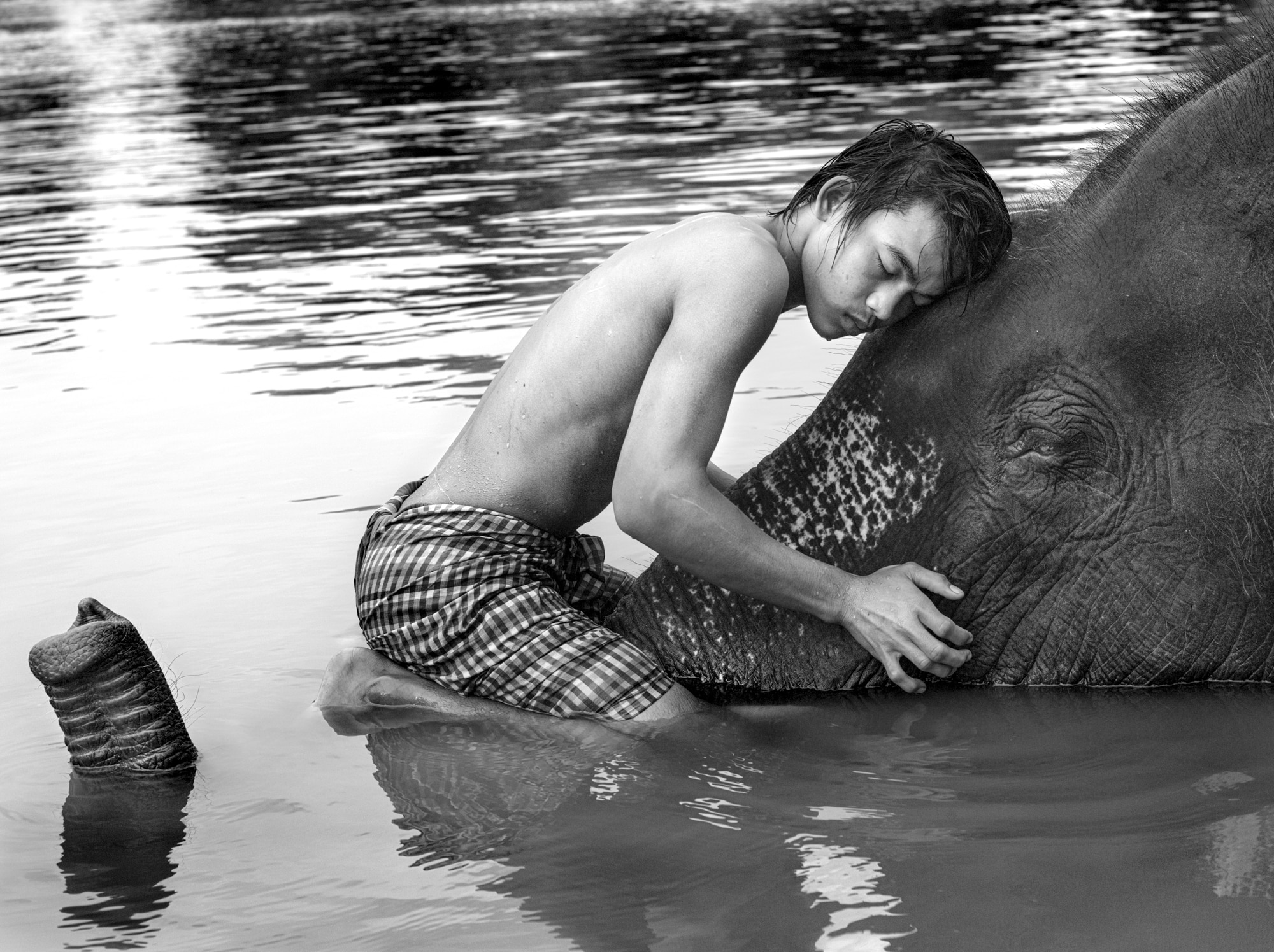 Boy hugging an elephant in Thailand