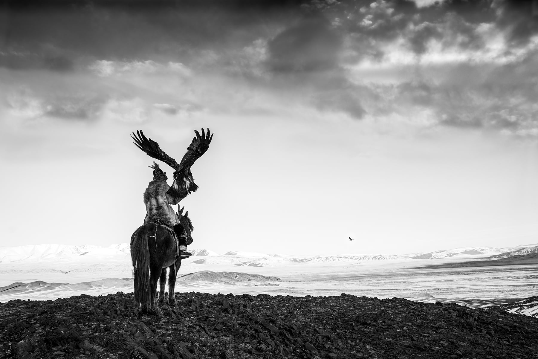 Mongolian person with a large bird on their arm